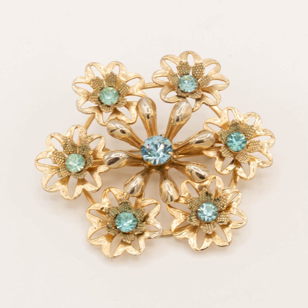 Vintage Gold Flower Cluster Brooch Aqua Blue Rhinestone Pendant with Bale